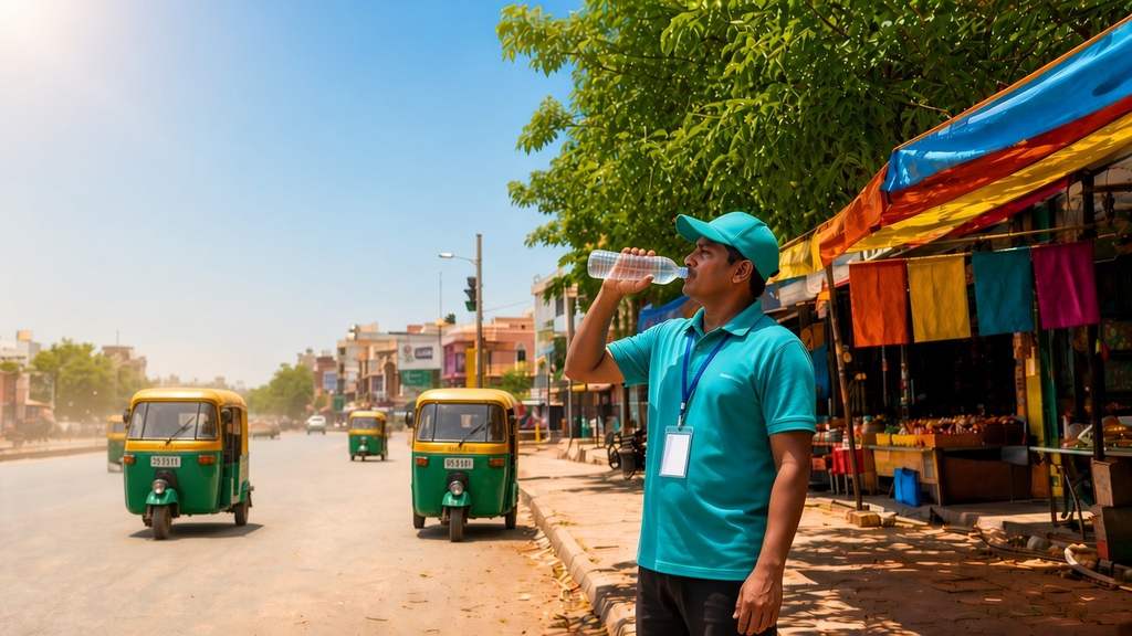 A worker in a teal cap and polo shirt drinks from a water bottle on a hot, sunny Indian street, with green-and-yellow auto-rickshaws and shaded market stalls behind him